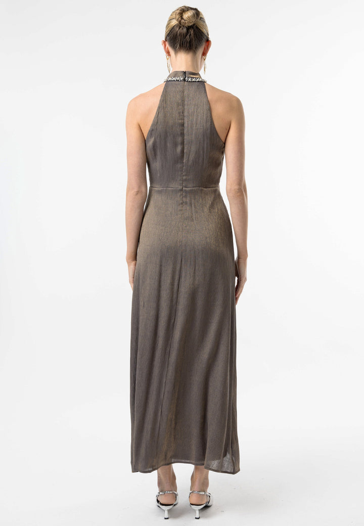 (5P. PACK) Beaded Halterneck Cocktail Dress in Brown - jqwholesale.com
