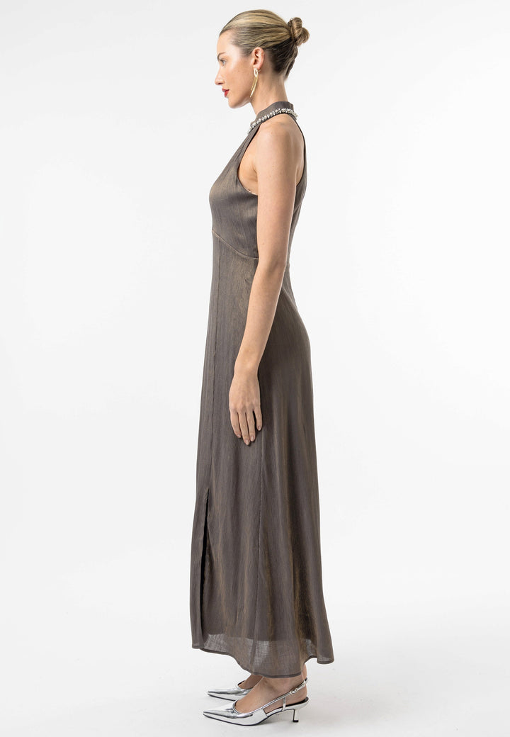 (5P. PACK) Beaded Halterneck Cocktail Dress in Brown - jqwholesale.com