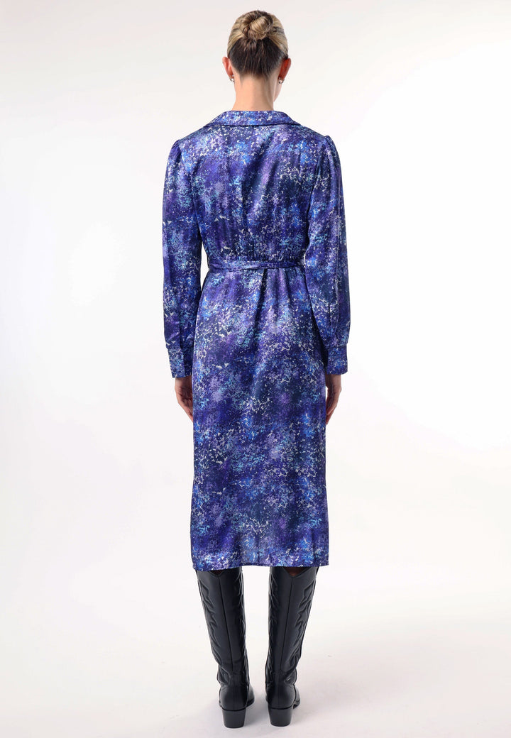 Collared Faux Wrap Midi Dress with Tie Waist in Blue Multi Print - jqwholesale.com