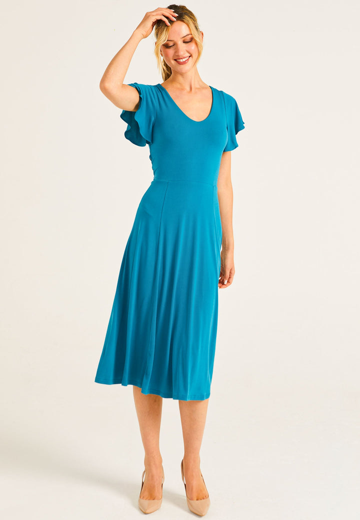 Reversible Midi Dress With Flutter Sleeves & Waist Tie In Teal - jqwholesale.com
