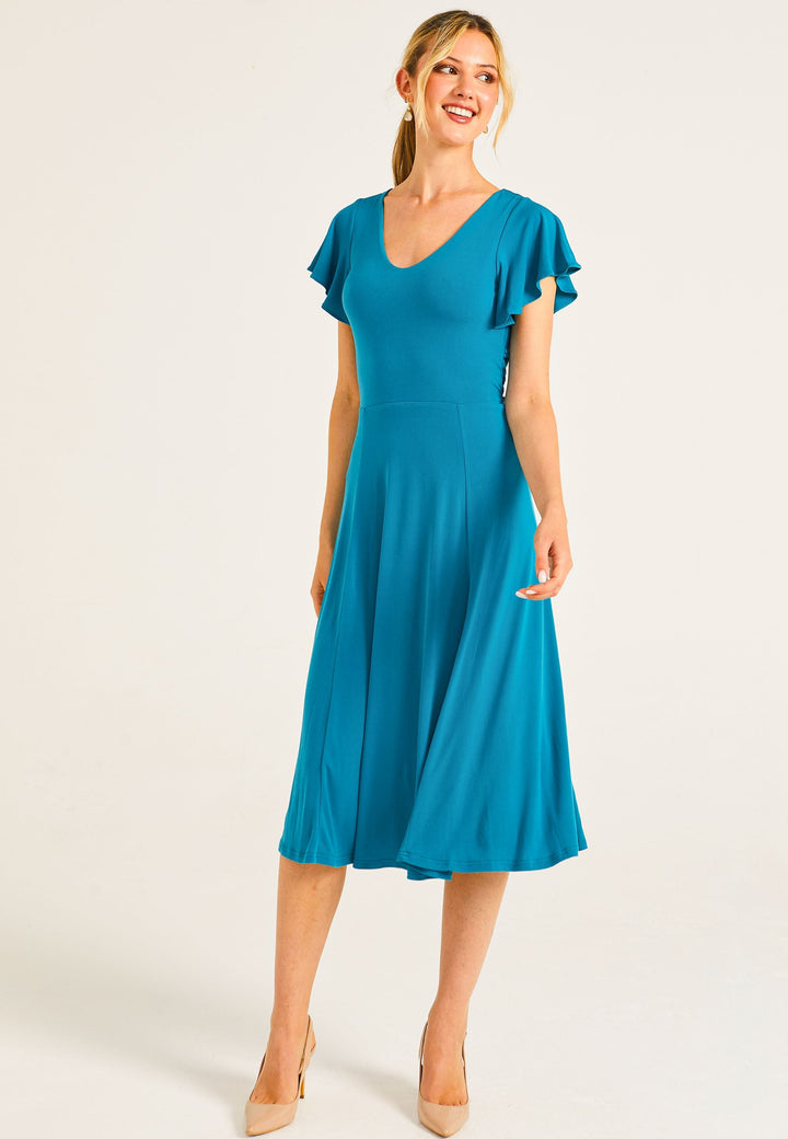 Reversible Midi Dress With Flutter Sleeves & Waist Tie In Teal - jqwholesale.com
