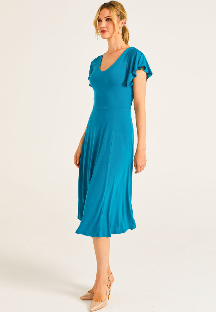 Reversible Midi Dress With Flutter Sleeves & Waist Tie In Teal - jqwholesale.com