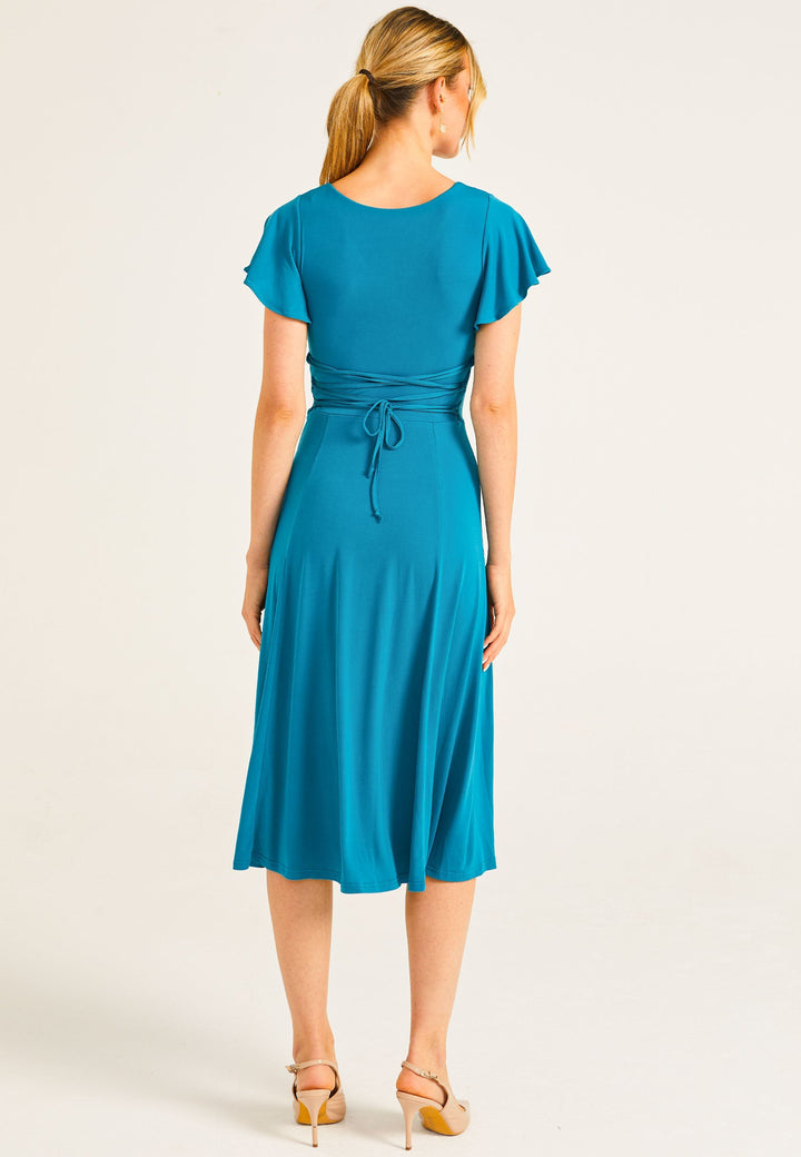 Reversible Midi Dress With Flutter Sleeves & Waist Tie In Teal - jqwholesale.com