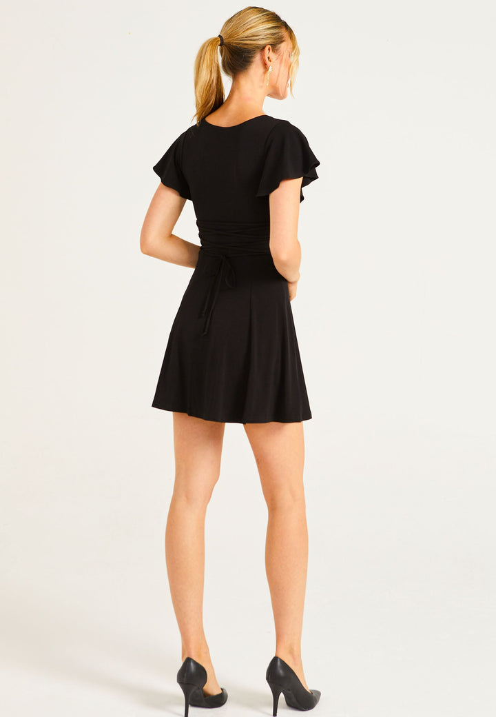 Reversible Mini Dress With Flutter Sleeves & Waist Tie In Black - jqwholesale.com