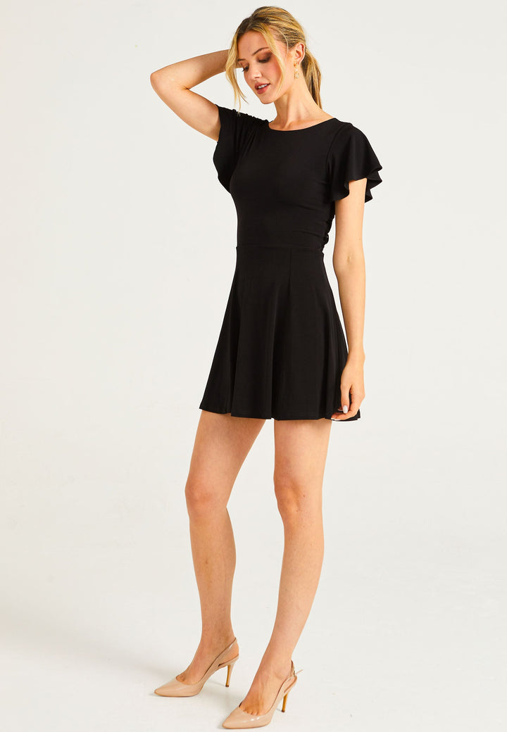 Reversible Mini Dress With Flutter Sleeves & Waist Tie In Black - jqwholesale.com