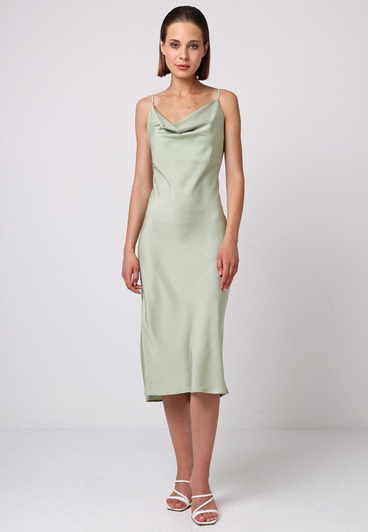 (5P. PACK) Satin Cowl Neck Midi Dress in Sage Green - jqwholesale.com