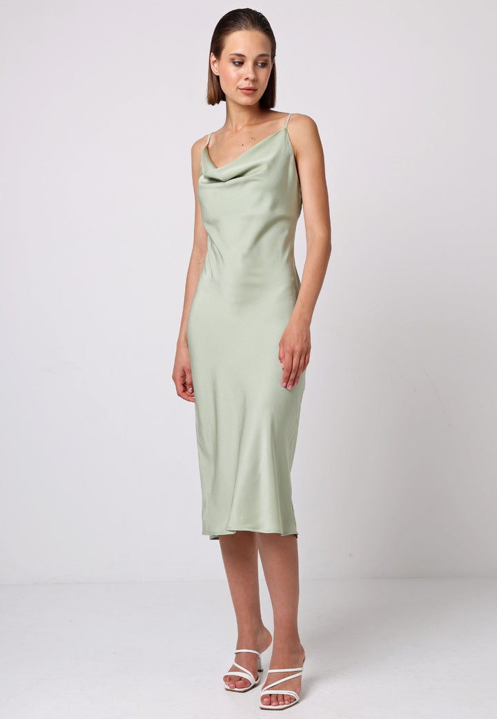 (5P. PACK) Satin Cowl Neck Midi Dress in Sage Green - jqwholesale.com
