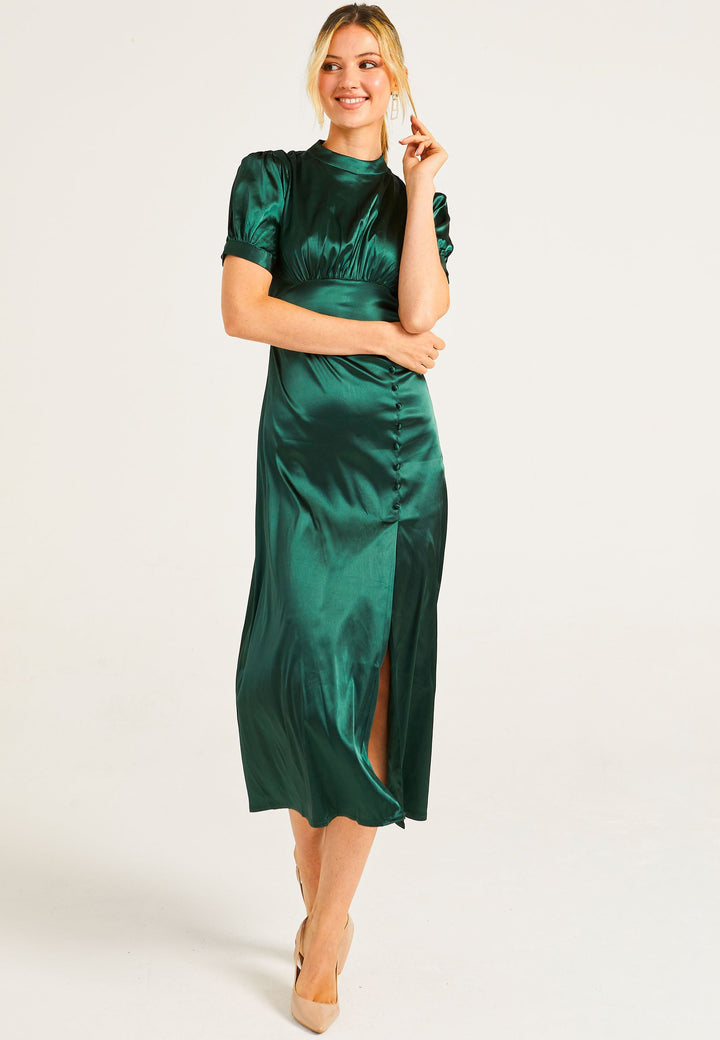 Puff Sleeve Midi Dress With Leg Slit In Dark Green - ANGELEYE