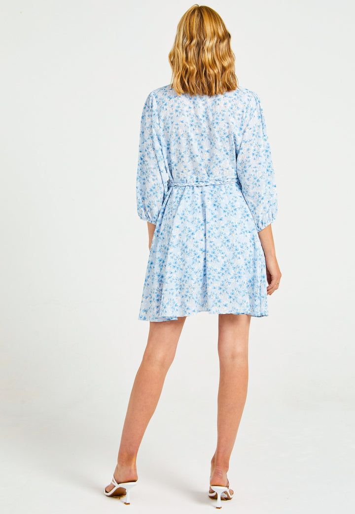Buttoned Mini Summer Dress in Blue Ditsy Floral Print - jqwholesale.com