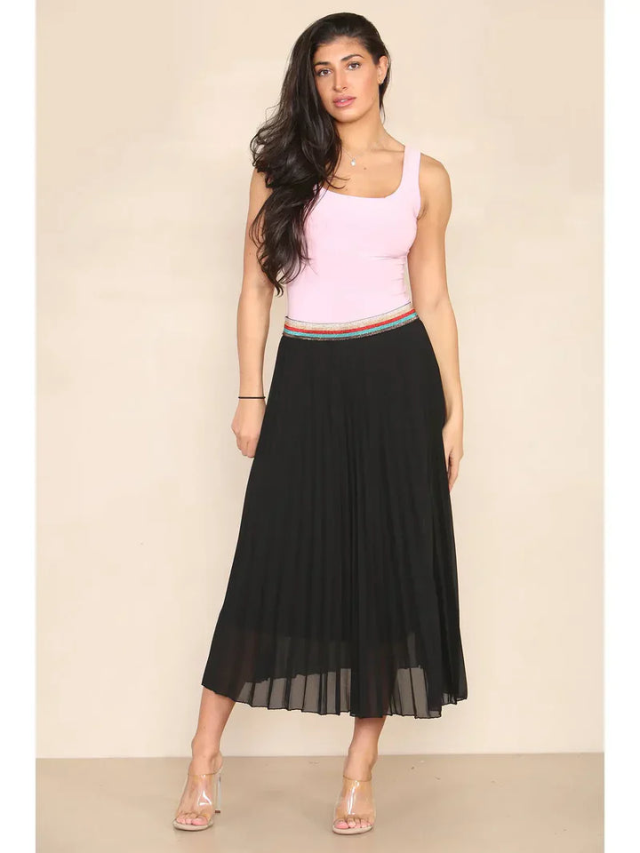 Pleated Midi Skirt with Rainbow Elasticated Waistband