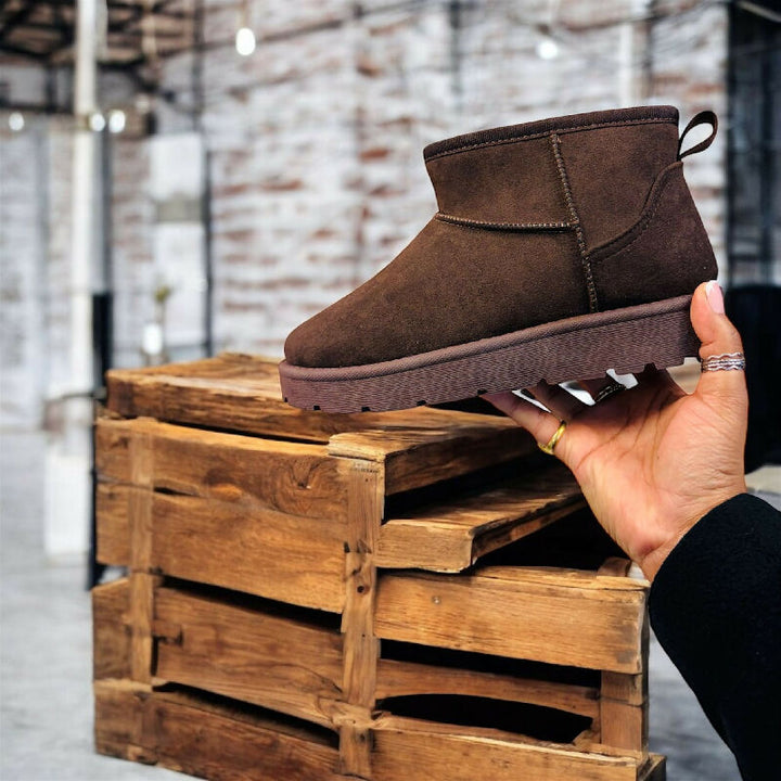 BROWN FAUX SUEDE ULTRA MINI COZY SNOW ANKLE BOOTS (PACK OF 12 PAIRS UK3-UK8) - jqwholesale.com