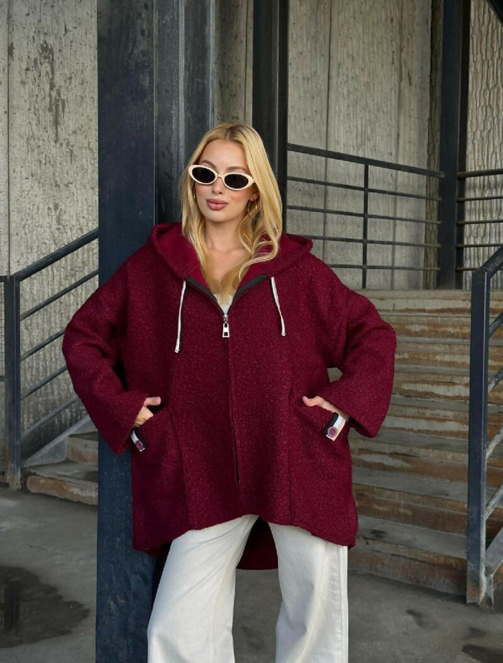 Cozy Zip-Up Teddy Hooded Jacket in Burgundy
