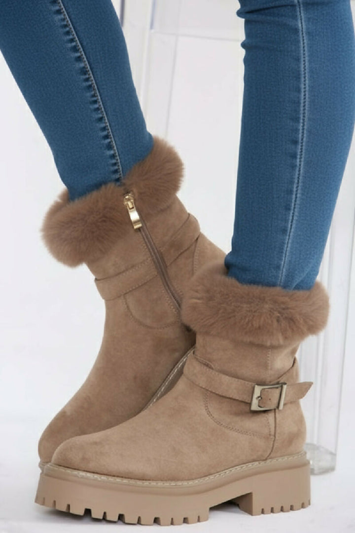 Camel Faux Fur Collar Buckle Ankle Boot (PACK OF 12 PAIRS UK3-UK8)