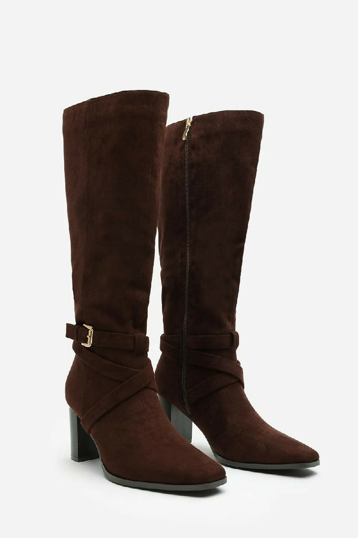BROWN SUEDE KNEE HIGH BLOCK HEELED BOOT (PACK OF 12 PAIRS UK3-UK8) - jqwholesale.com