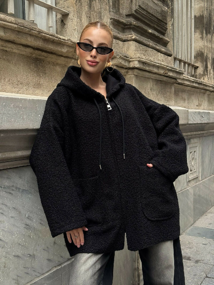 Cozy Zip-Up Teddy Hooded Jacket in Black