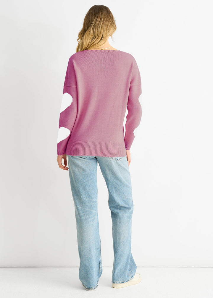 Dusty Pink V Neck Oversized Heart Knit Jumper - jqwholesale.com