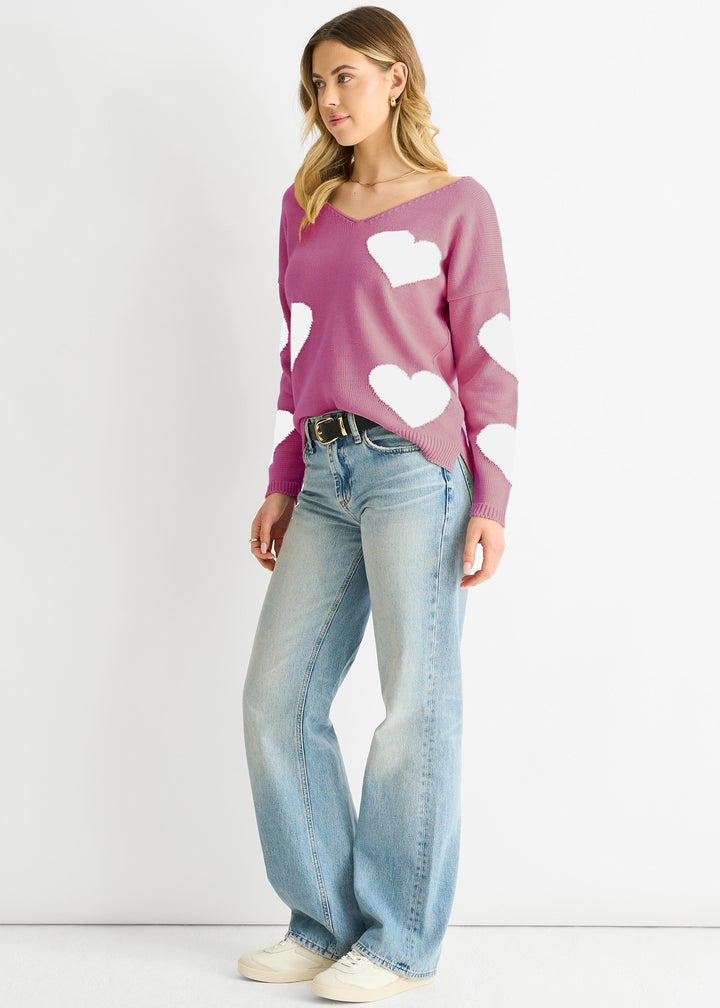 Dusty Pink V Neck Oversized Heart Knit Jumper - jqwholesale.com