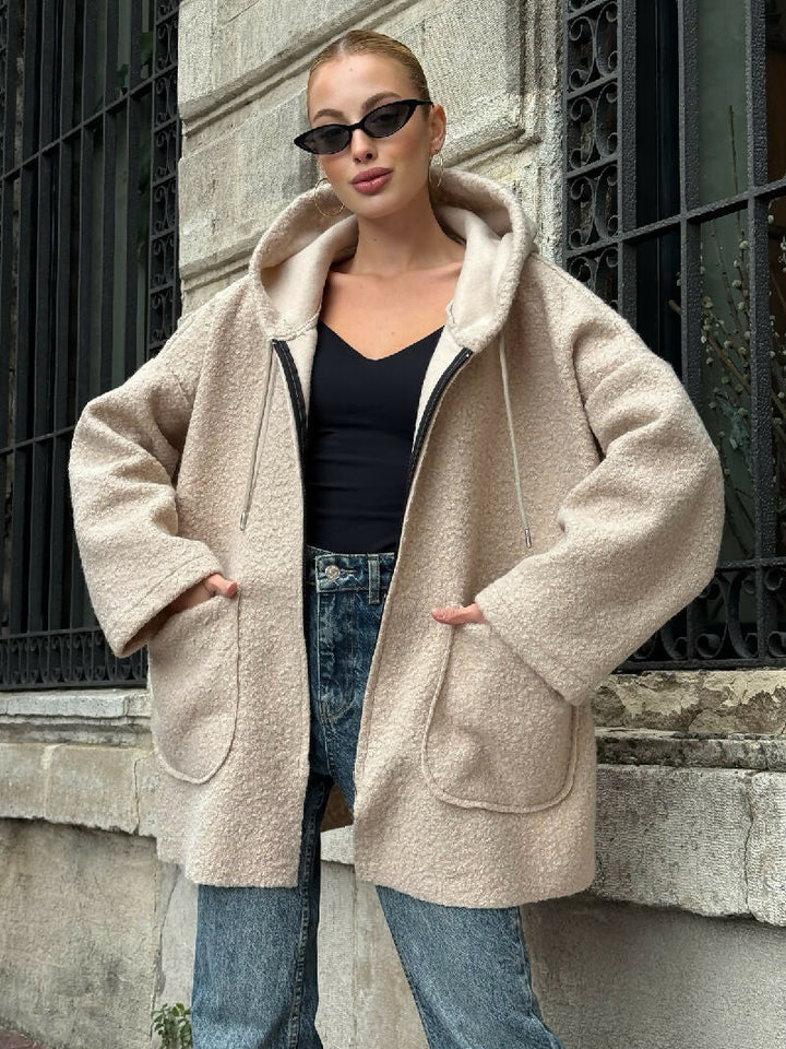 Cozy Zip-Up Teddy Hooded Jacket in Beige