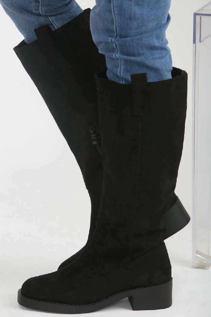 Black Suede Designer Knee High Flat Boot (PACK OF 12 PAIRS UK3-UK8)