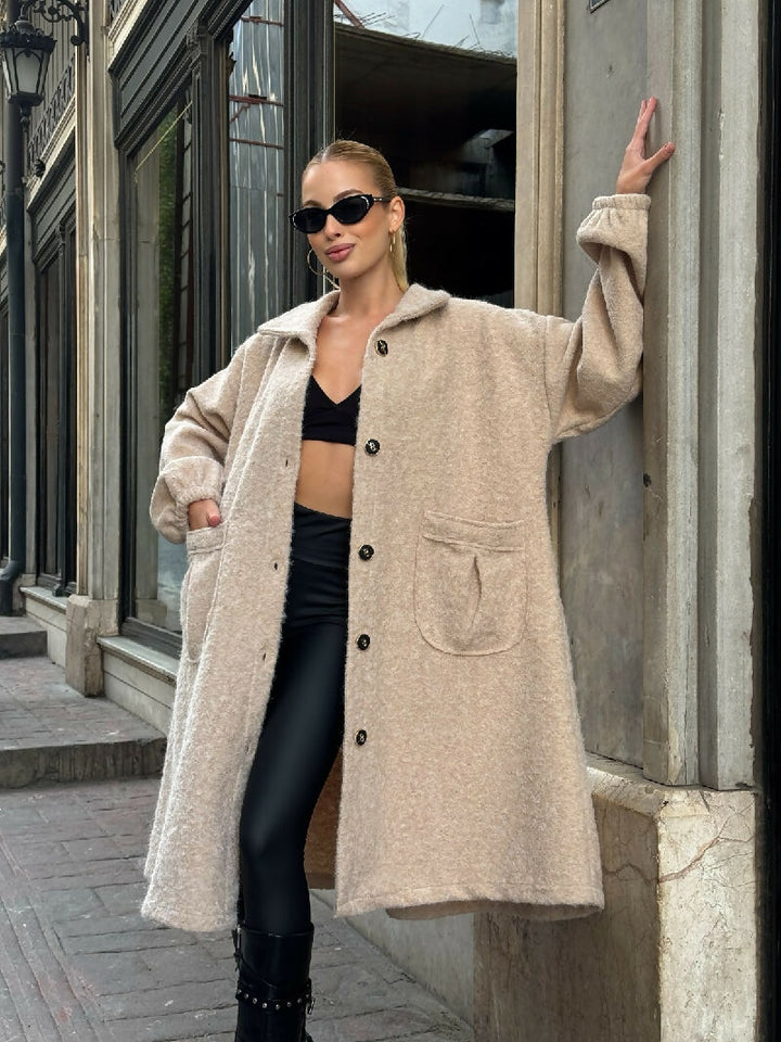 Soft Bouclé Button-Front Long Coat in Beige