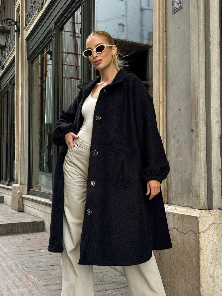 Soft Bouclé Button-Front Long Coat in Black