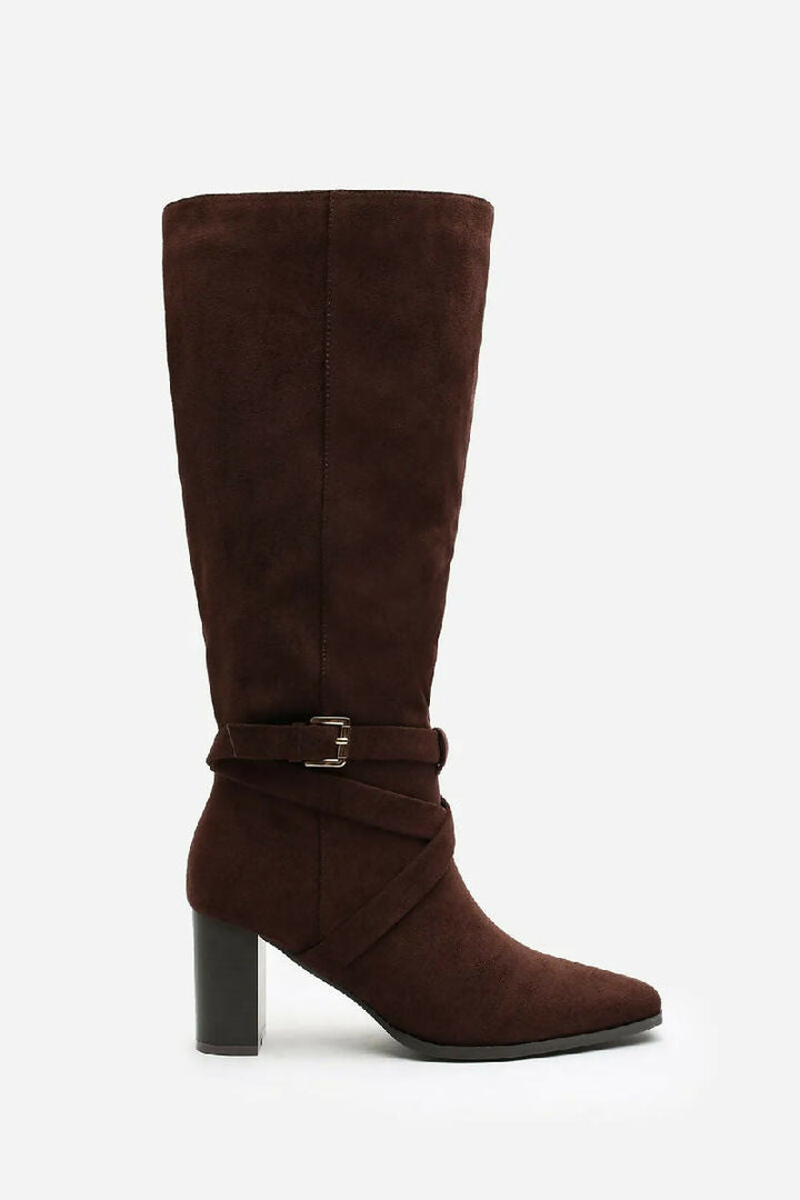 BROWN SUEDE KNEE HIGH BLOCK HEELED BOOT (PACK OF 12 PAIRS UK3-UK8) - jqwholesale.com