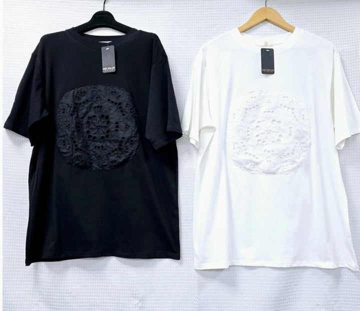 (2P.PACK) Embroidery Lace Circle Cotton T-Shirt Tunic