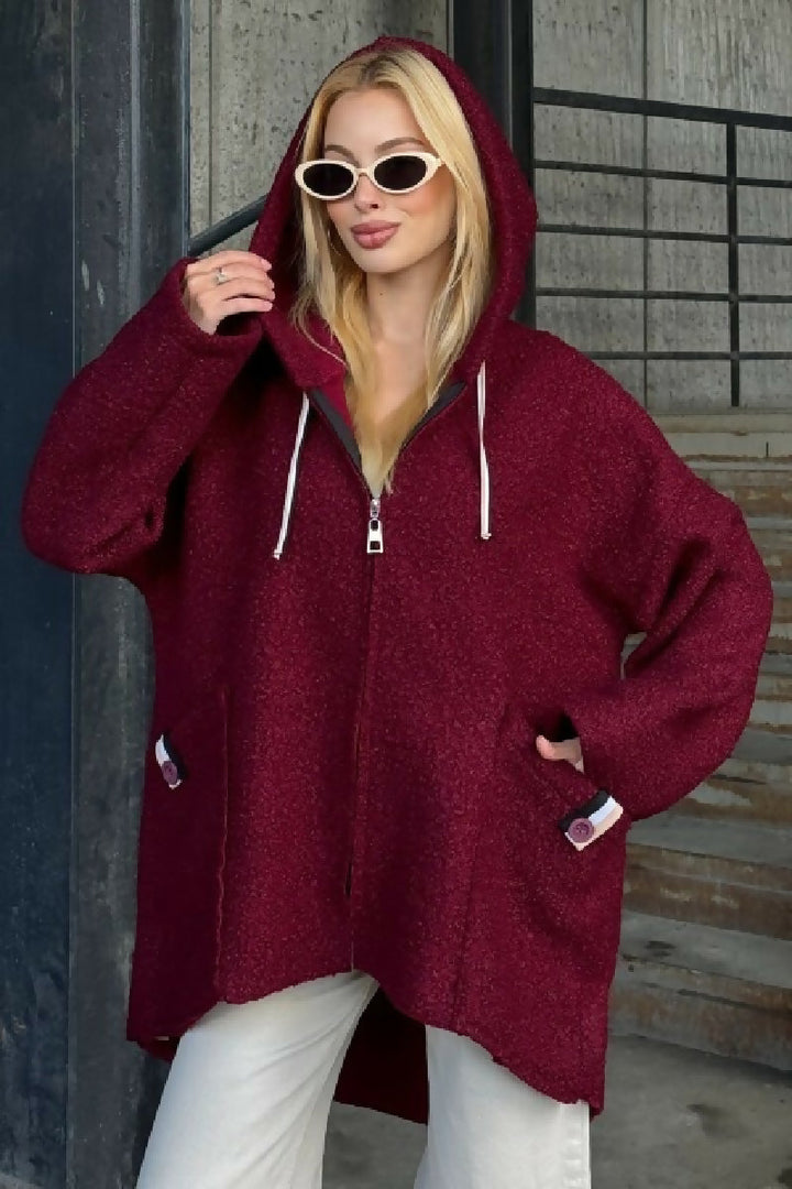 Cozy Zip-Up Teddy Hooded Jacket in Burgundy
