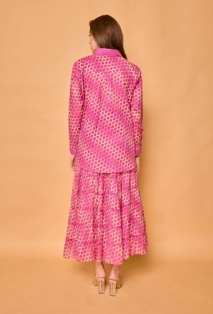 Bohemian long cotton smocked skirt- Pink