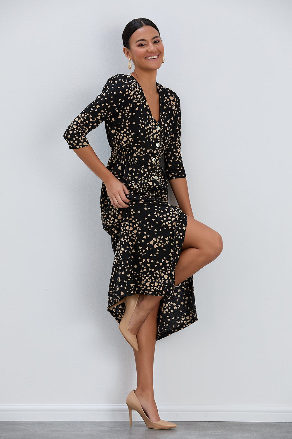 Shirt Midi Dress with Elasticated waist in Black print - jqwholesale.com