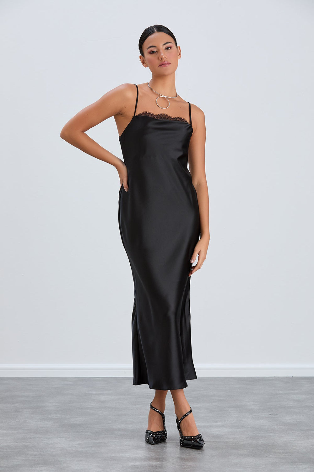 Satin Cami Midaxi Slip Dress with Lace in Black - jqwholesale.com