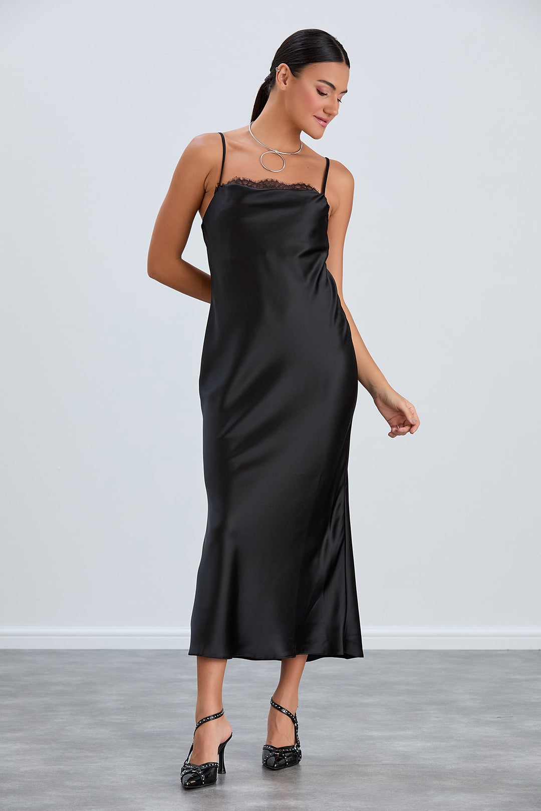 Satin Cami Midaxi Slip Dress with Lace in Black - jqwholesale.com