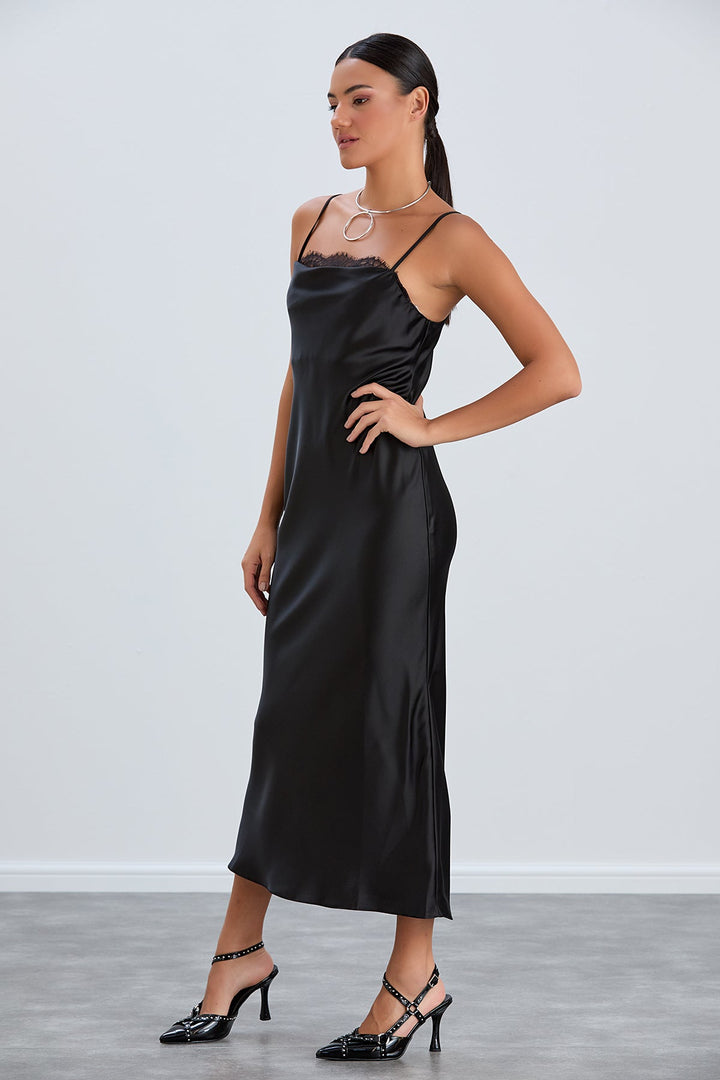 Satin Cami Midaxi Slip Dress with Lace in Black - jqwholesale.com
