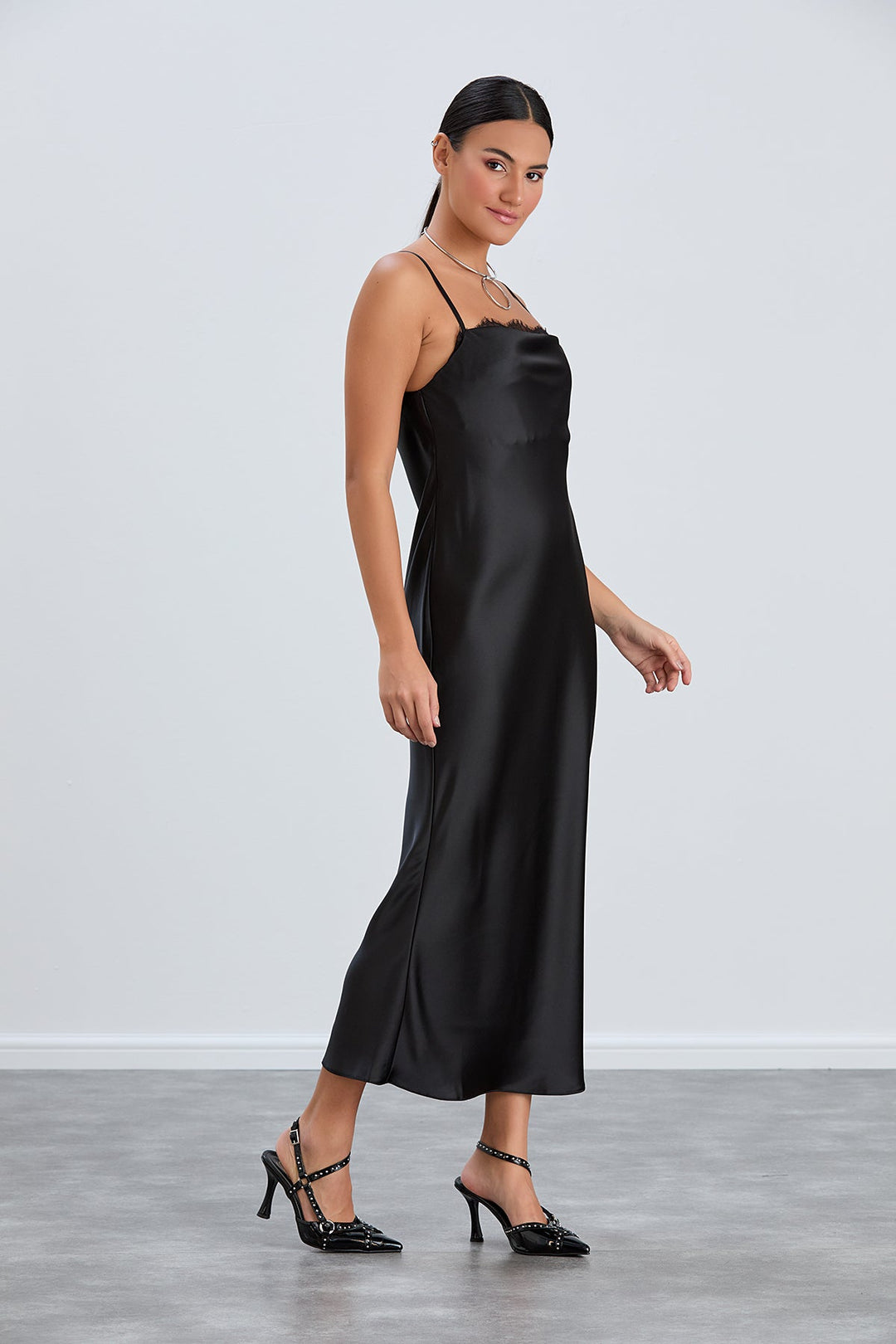 Satin Cami Midaxi Slip Dress with Lace in Black - jqwholesale.com