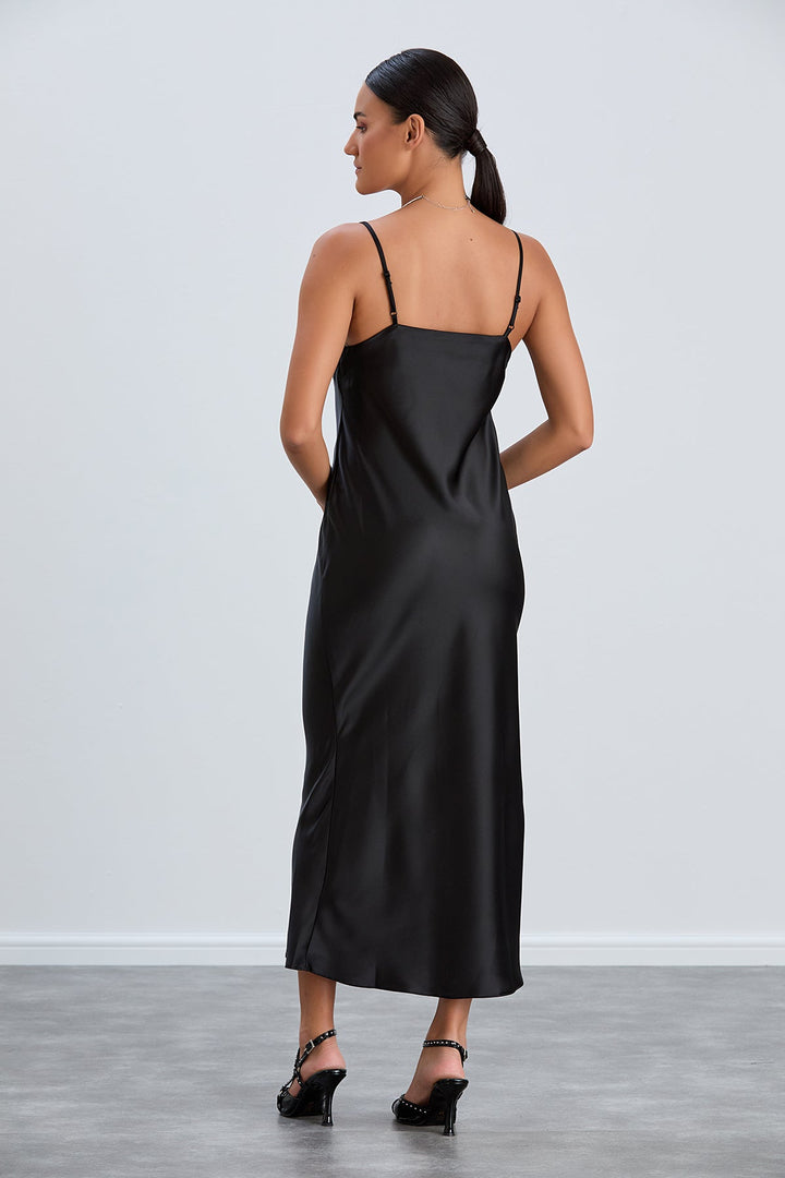 Satin Cami Midaxi Slip Dress with Lace in Black - jqwholesale.com
