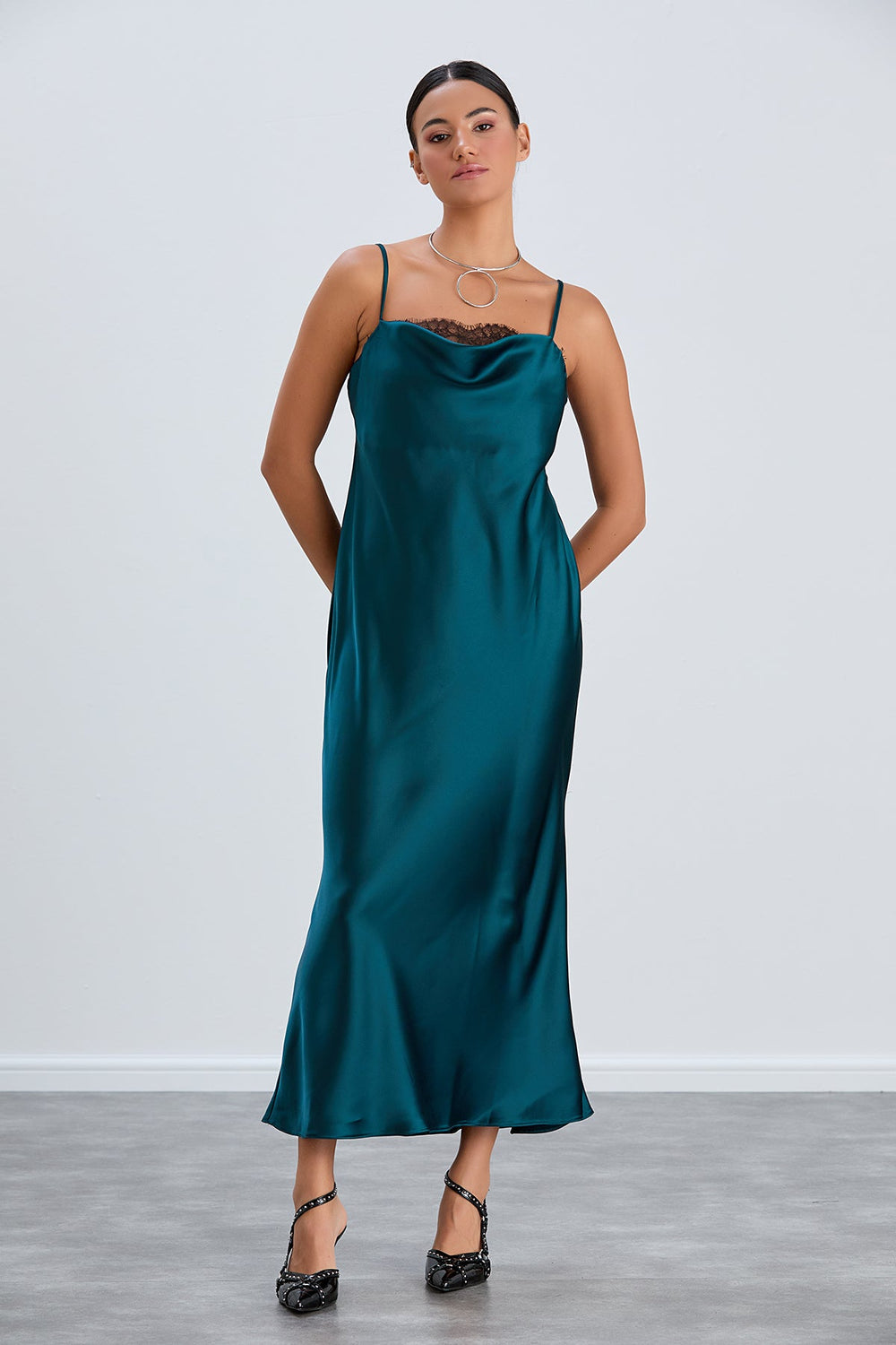 Satin Cami Midaxi Slip Dress with Lace in Green - jqwholesale.com