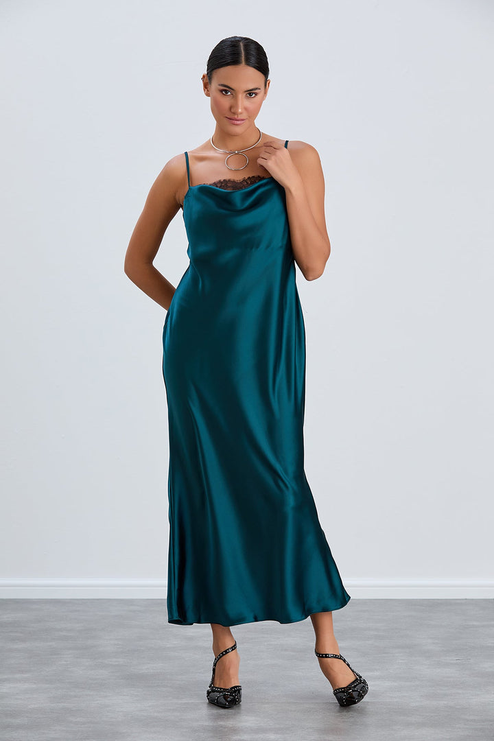 Satin Cami Midaxi Slip Dress with Lace in Green - jqwholesale.com