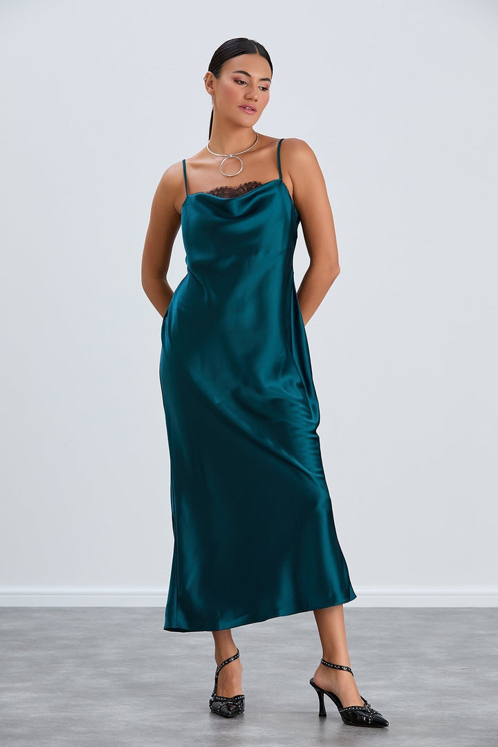 Green Satin Cami Dress with Delicate Lace - jqwholesale.com