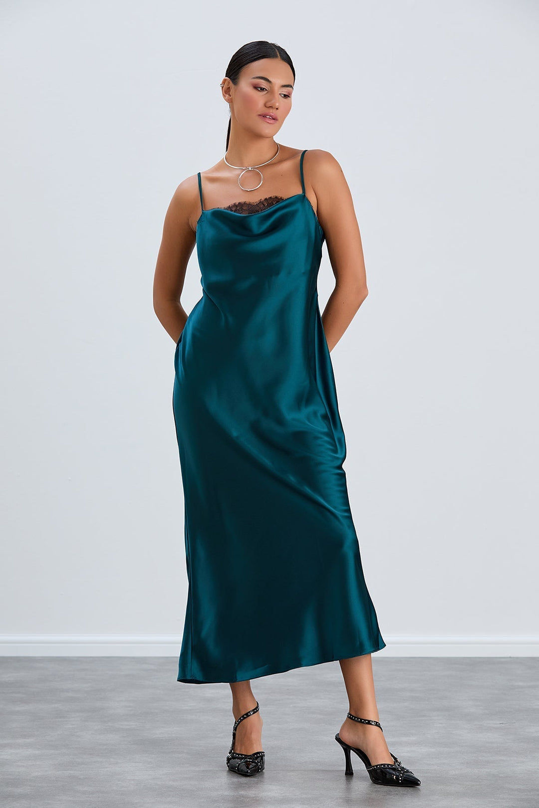 Green Satin Cami Dress with Delicate Lace - jqwholesale.com