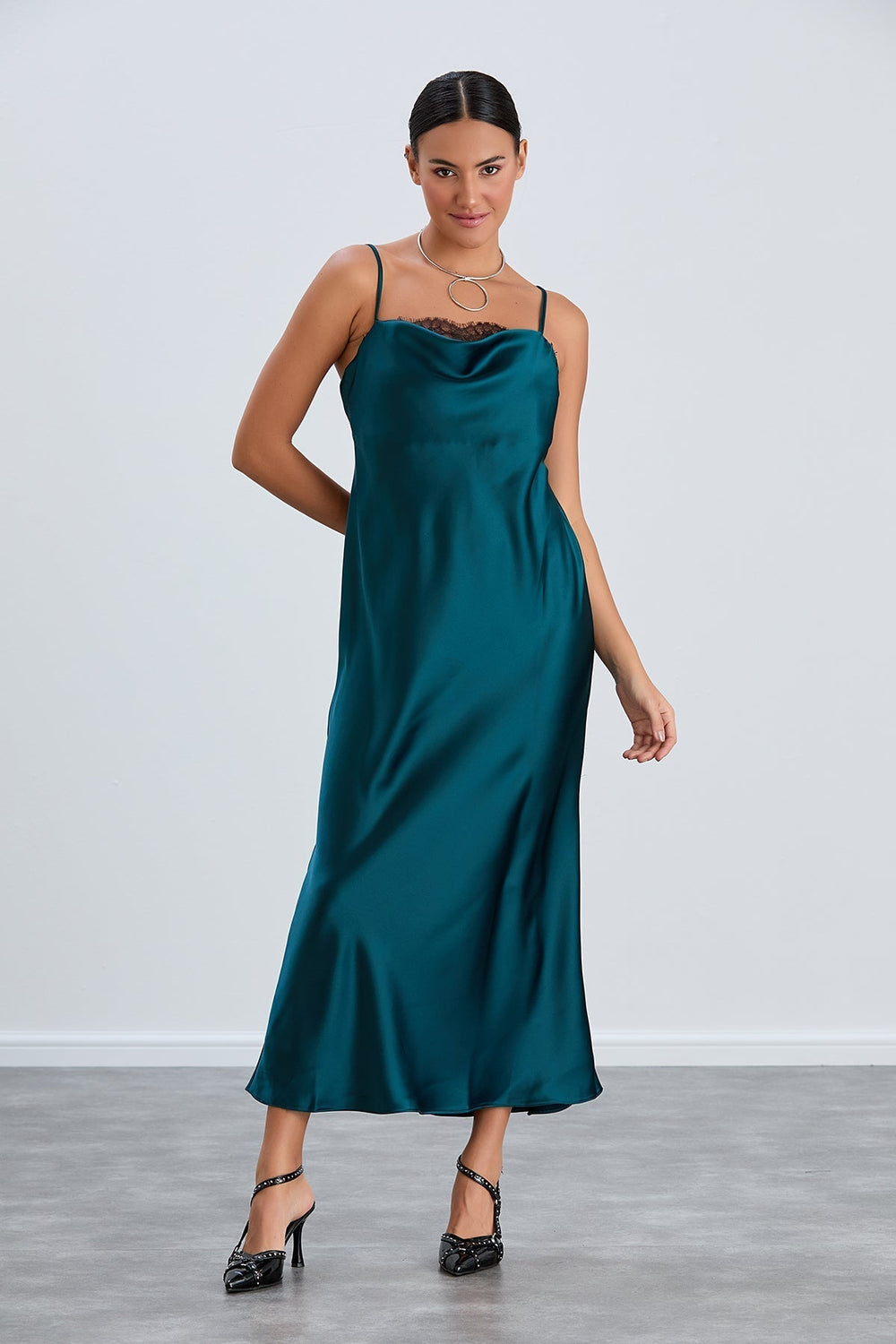 Green Satin Cami Dress with Delicate Lace - jqwholesale.com