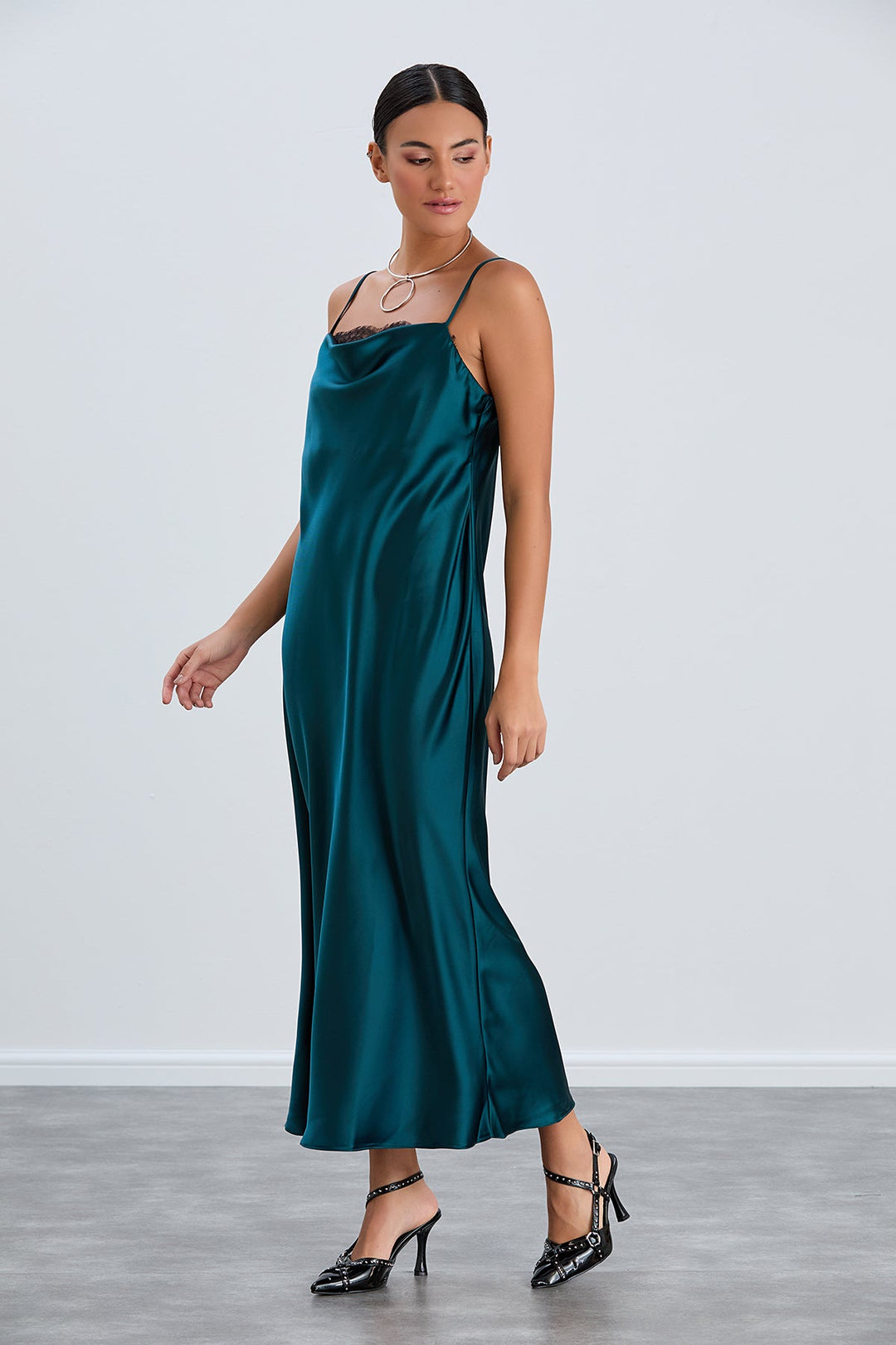 Satin Cami Midaxi Slip Dress with Lace in Green - jqwholesale.com
