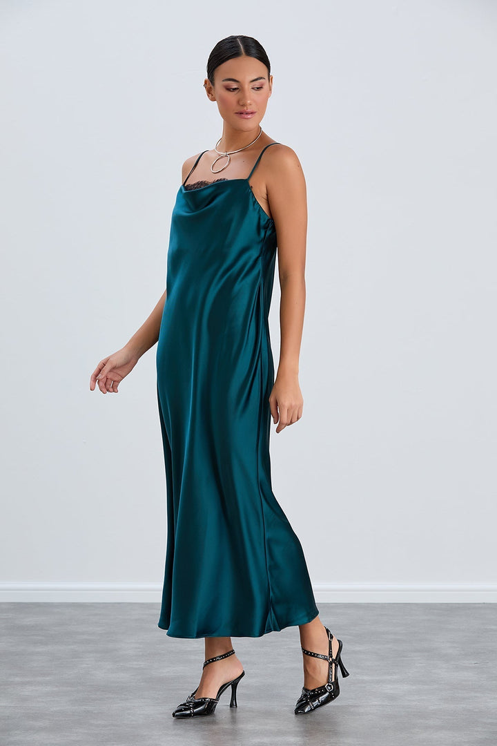 Green Satin Cami Dress with Delicate Lace - jqwholesale.com