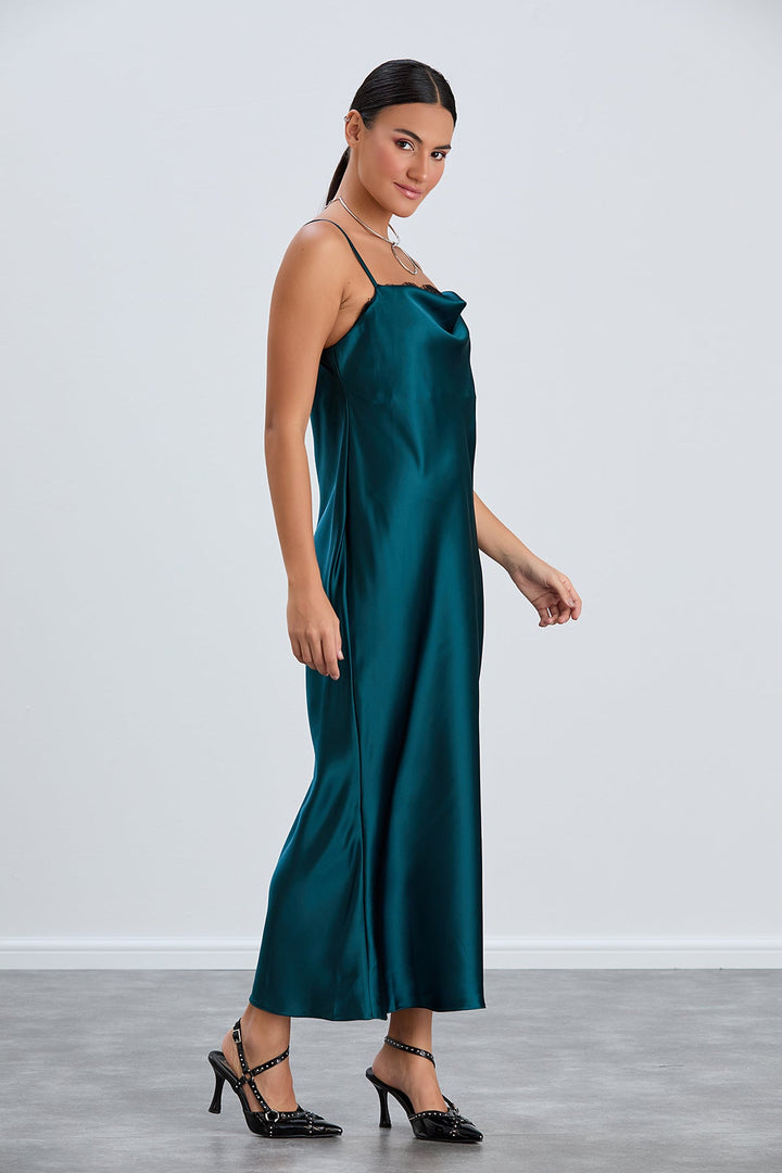 Satin Cami Midaxi Slip Dress with Lace in Green - jqwholesale.com