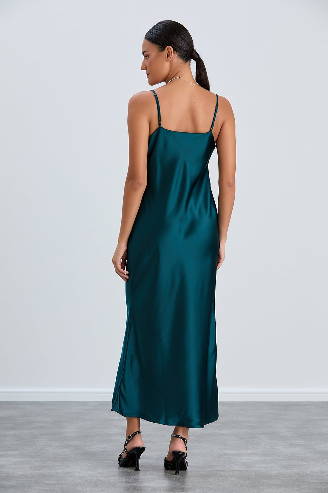 Green Satin Cami Dress with Delicate Lace - jqwholesale.com