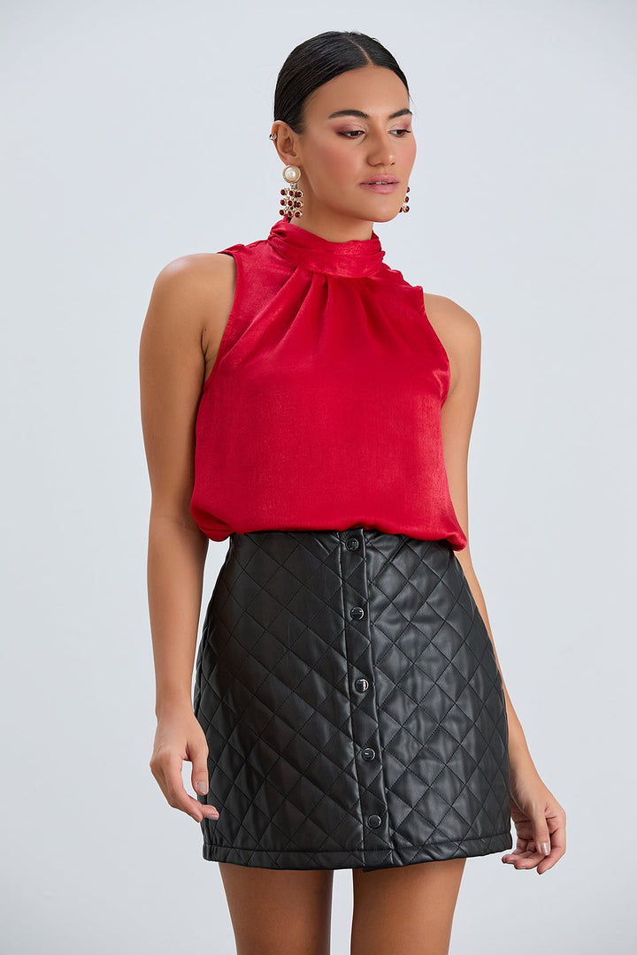 Halter Neck Red Satin Top - jqwholesale.com