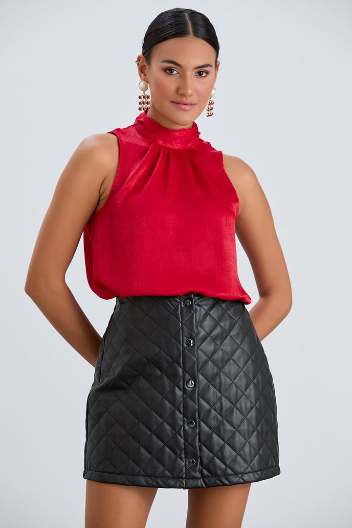 Halter Neck Red Satin Top - jqwholesale.com