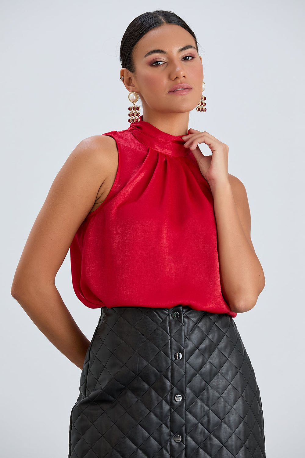 Halter Neck Red Satin Top - jqwholesale.com