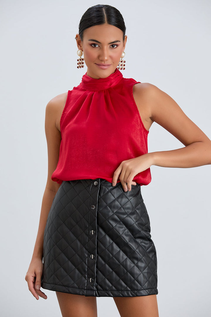 Halter Neck Red Satin Top - jqwholesale.com