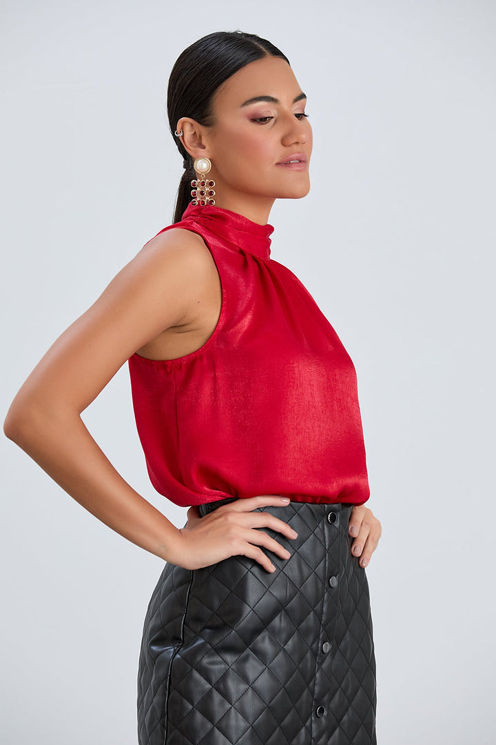 Halter Neck Red Satin Top - jqwholesale.com
