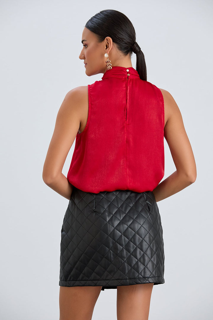 Halter Neck Red Satin Top - jqwholesale.com